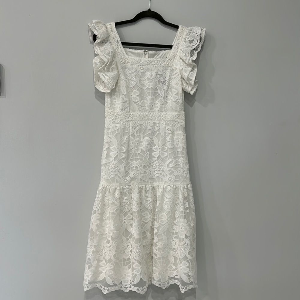Nwt Ina White Ruffle/Short Sleeve Scoop Neck Midi Lace Drop Waist Dress Sz Small